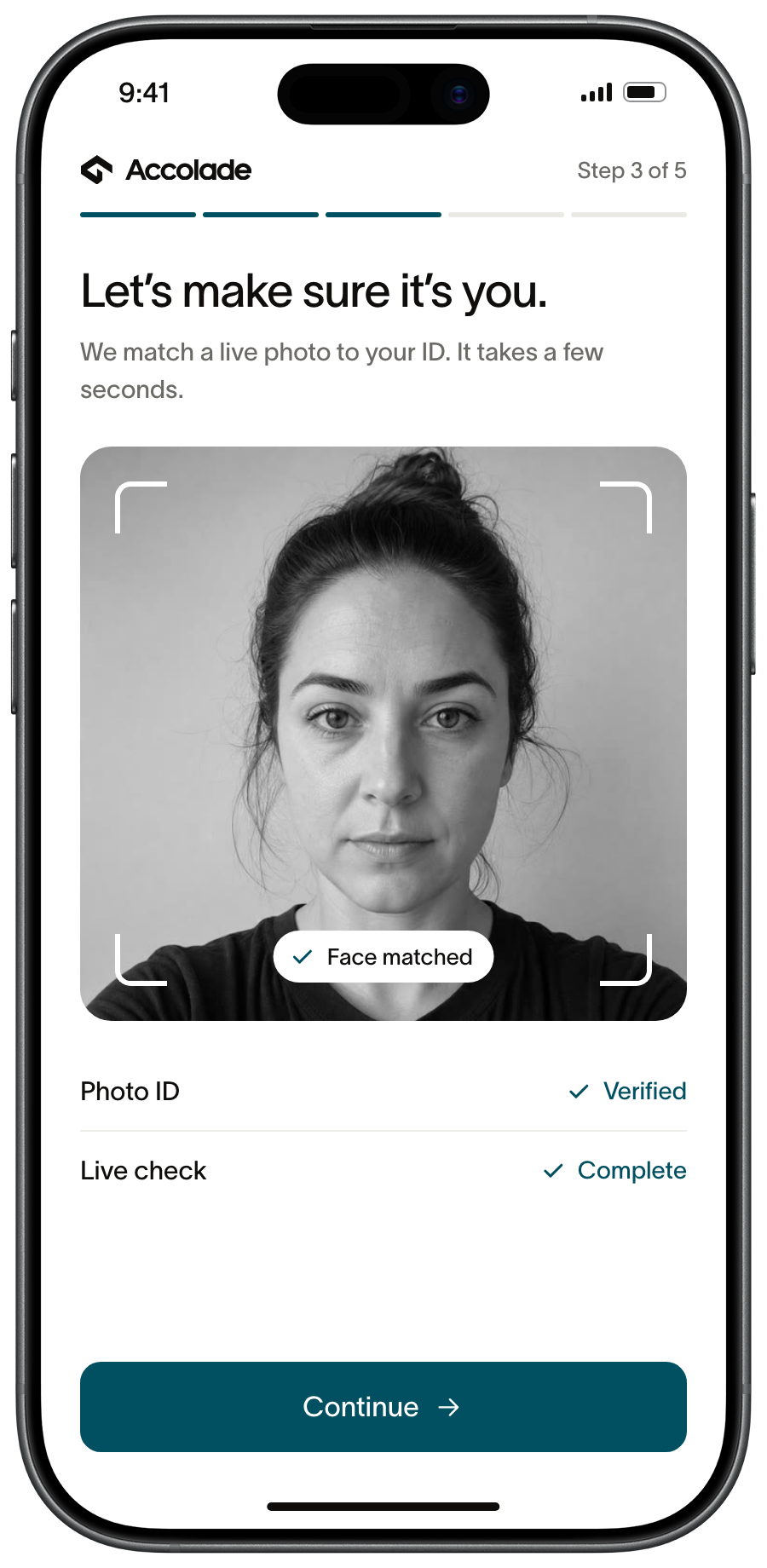 An applicant confirming their identity on their phone: a live selfie matched to their ID, with the ID and live check marked complete